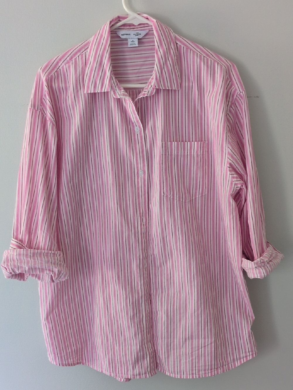 Old Navy Oversized Boyfriend Pink and White Striped Button Up Shirt Small Tall